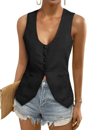 Tankaneo Womens Scoop Neck Blazer Vest Summer Linen Sleeveless Fitted Waistcoat Work Casual Cotton Suit Tops
