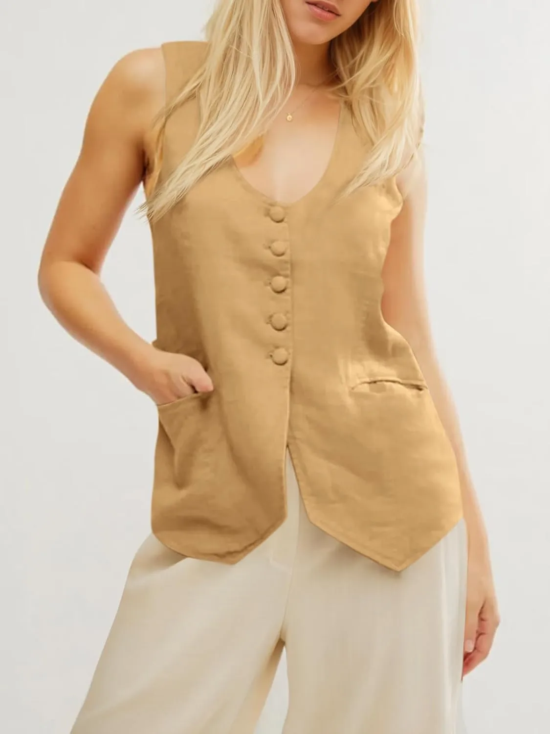 Tankaneo Womens Scoop Neck Blazer Vest Summer Linen Sleeveless Fitted Waistcoat Work Casual Cotton Suit Tops