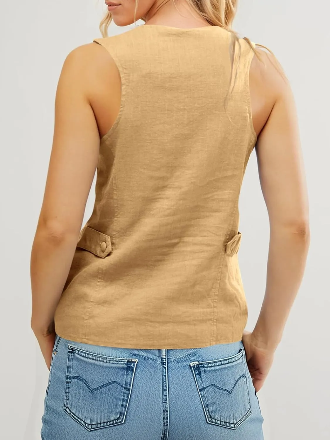 Tankaneo Womens Scoop Neck Blazer Vest Summer Linen Sleeveless Fitted Waistcoat Work Casual Cotton Suit Tops