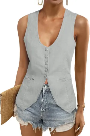 Tankaneo Womens Scoop Neck Blazer Vest Summer Linen Sleeveless Fitted Waistcoat Work Casual Cotton Suit Tops