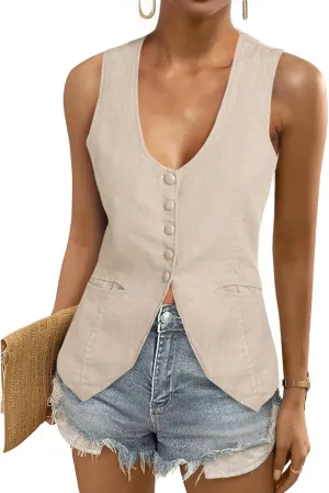 Tankaneo Womens Scoop Neck Blazer Vest Summer Linen Sleeveless Fitted Waistcoat Work Casual Cotton Suit Tops