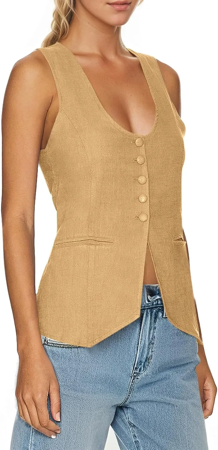 Tankaneo Womens Scoop Neck Blazer Vest Summer Linen Sleeveless Fitted Waistcoat Work Casual Cotton Suit Tops