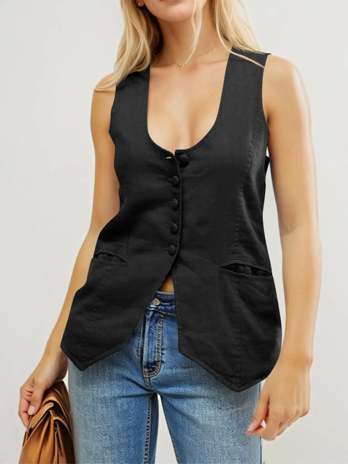 Tankaneo Womens Scoop Neck Blazer Vest Summer Linen Sleeveless Fitted Waistcoat Work Casual Cotton Suit Tops