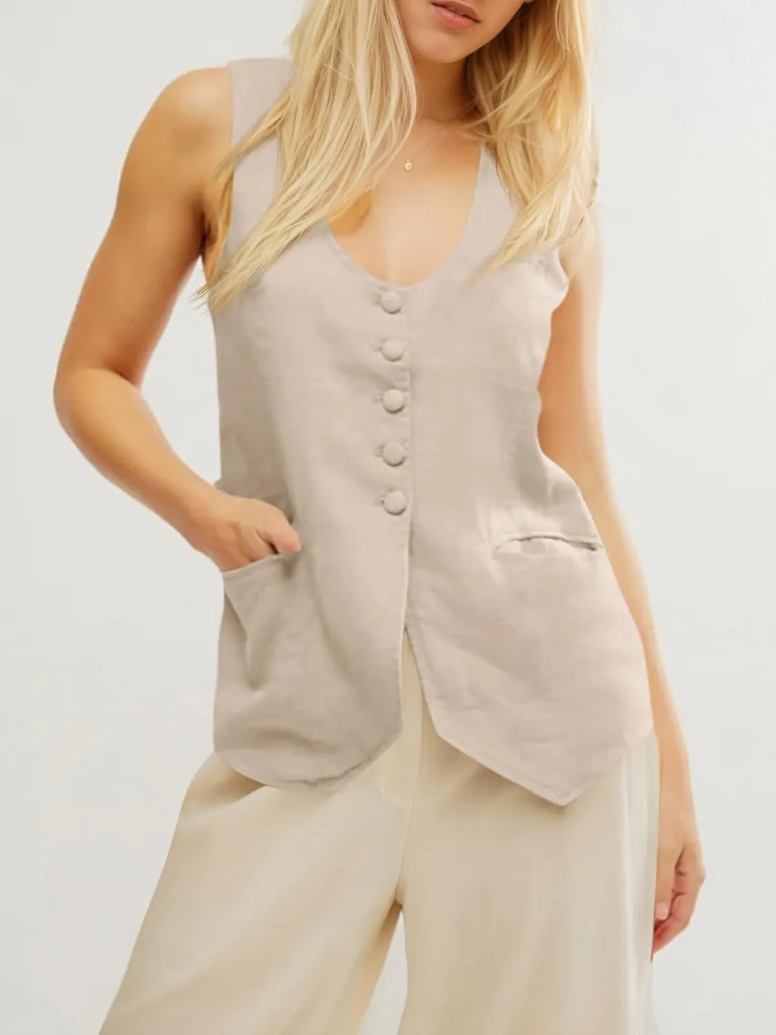 Tankaneo Womens Scoop Neck Blazer Vest Summer Linen Sleeveless Fitted Waistcoat Work Casual Cotton Suit Tops