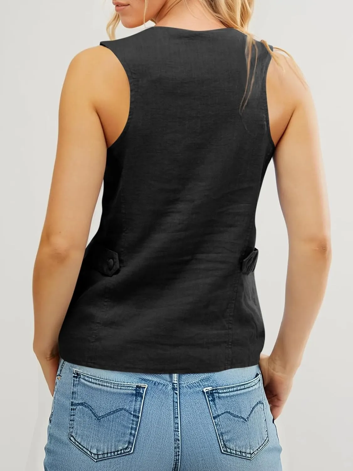 Tankaneo Womens Scoop Neck Blazer Vest Summer Linen Sleeveless Fitted Waistcoat Work Casual Cotton Suit Tops