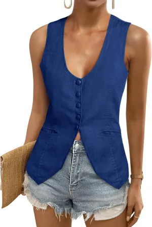 Tankaneo Womens Scoop Neck Blazer Vest Summer Linen Sleeveless Fitted Waistcoat Work Casual Cotton Suit Tops