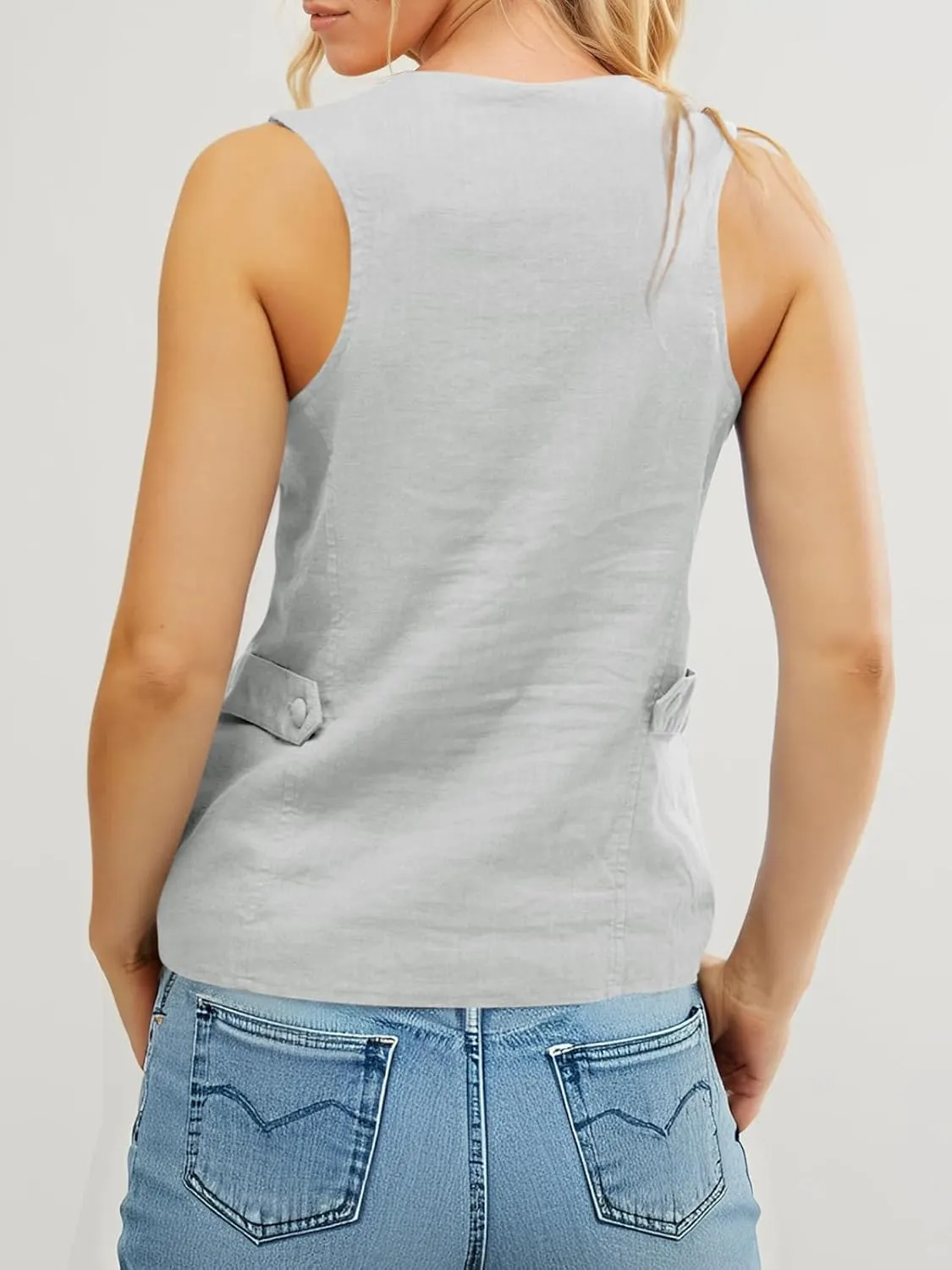 Tankaneo Womens Scoop Neck Blazer Vest Summer Linen Sleeveless Fitted Waistcoat Work Casual Cotton Suit Tops