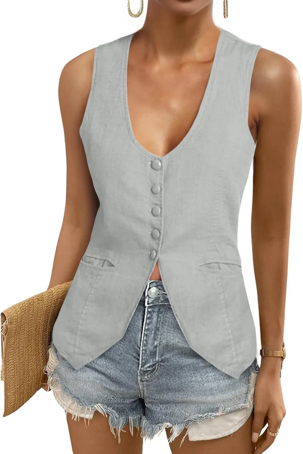Tankaneo Womens Scoop Neck Blazer Vest Summer Linen Sleeveless Fitted Waistcoat Work Casual Cotton Suit Tops