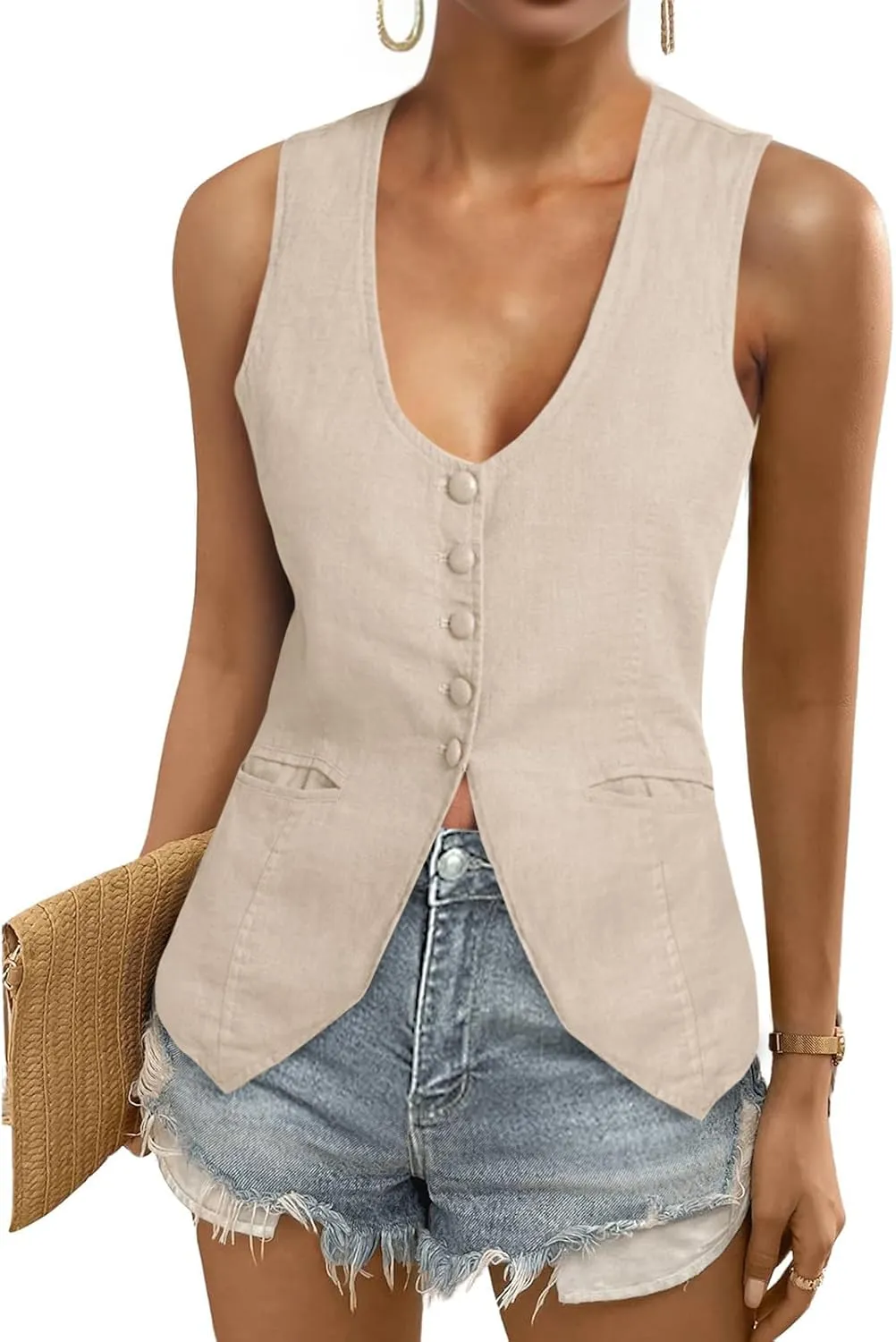 Tankaneo Womens Scoop Neck Blazer Vest Summer Linen Sleeveless Fitted Waistcoat Work Casual Cotton Suit Tops