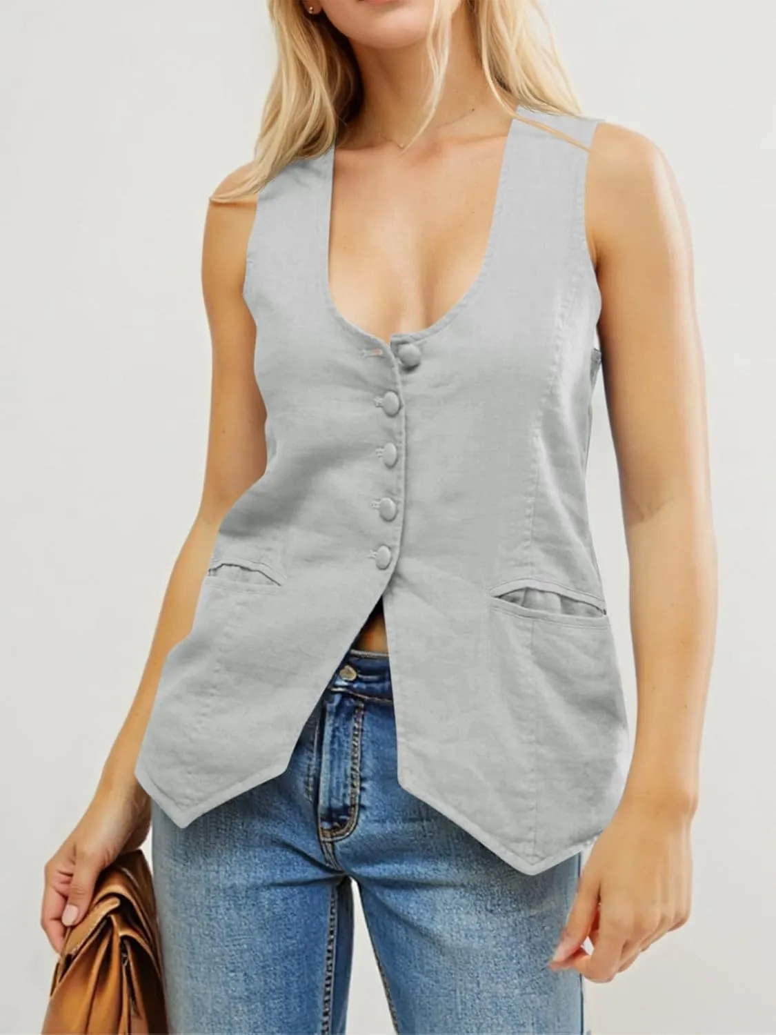 Tankaneo Womens Scoop Neck Blazer Vest Summer Linen Sleeveless Fitted Waistcoat Work Casual Cotton Suit Tops