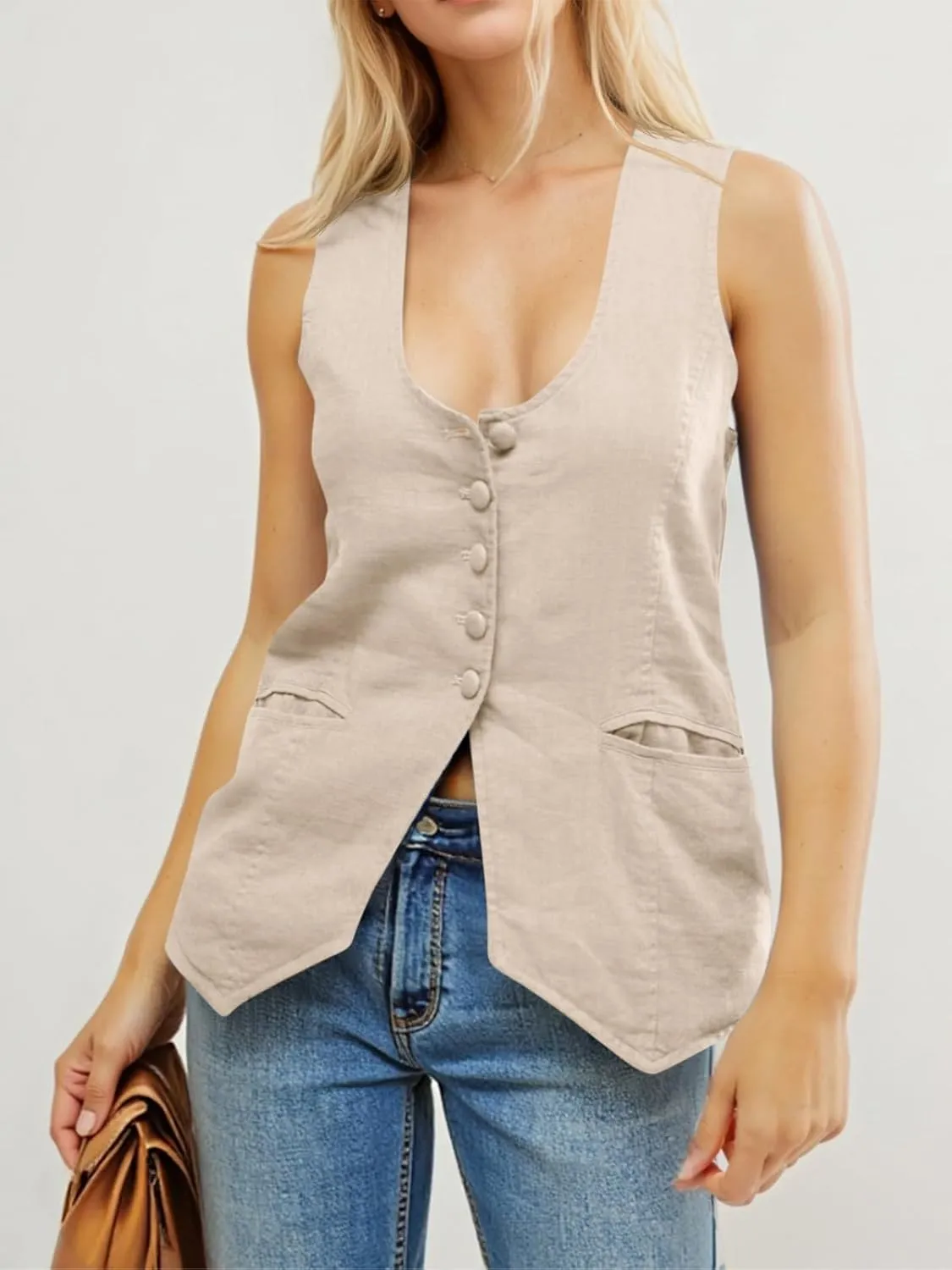 Tankaneo Womens Scoop Neck Blazer Vest Summer Linen Sleeveless Fitted Waistcoat Work Casual Cotton Suit Tops