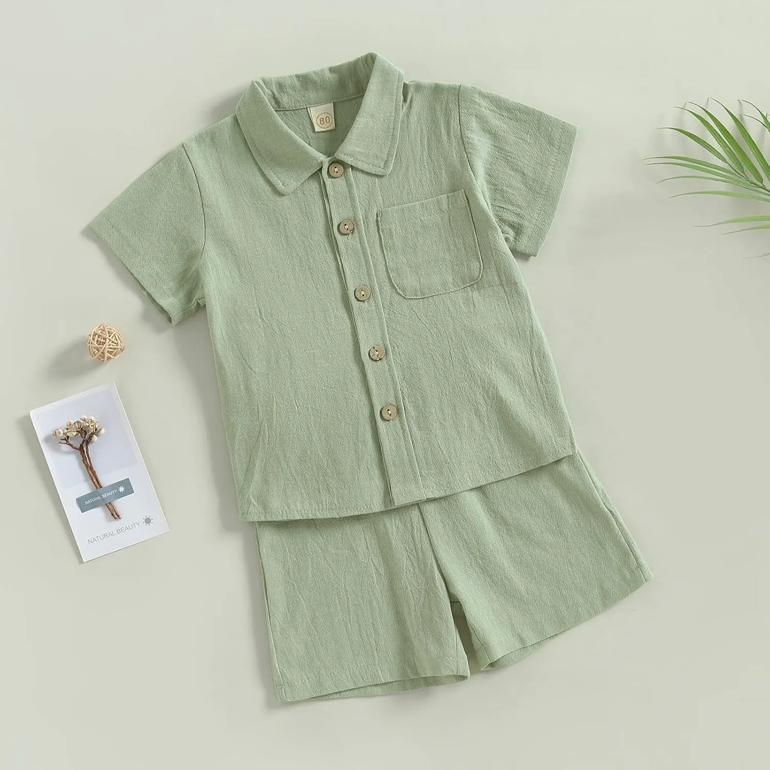 Toddler Baby Boy Linen Outfits Solid Color Short Sleeve Lapel Button Down Shirt and Shorts Summer Clothes Set