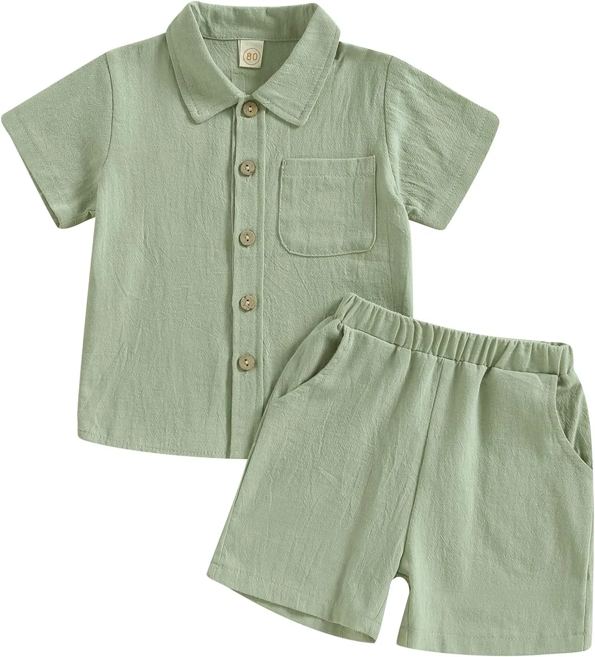 Toddler Baby Boy Linen Outfits Solid Color Short Sleeve Lapel Button Down Shirt and Shorts Summer Clothes Set