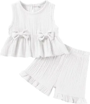 Toddler Baby Girl Clothes Cute Outfits Girls Linen Bow Tank Tops Ruffle Shorts Set Spring Summer Clothes for Kids