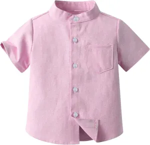 Toddler Boys Button Up Henley Shirt Baby Summer Linen Cotton Dress Shirts Kids Short Sleeve Tees Tops with One Pocket