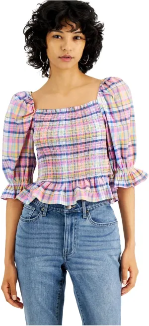 Tommy Hilfiger Womens Cotton Smocked Blouse Orange XS