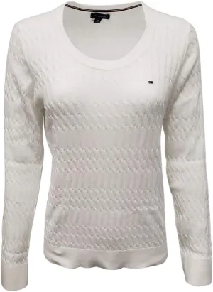 Tommy Hilfiger Womens Scoop Neck Cable Knit Sweater (White, Small)