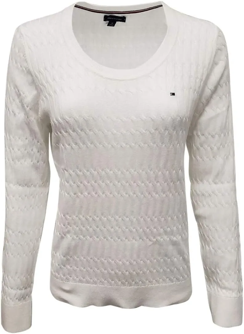 Tommy Hilfiger Womens Scoop Neck Cable Knit Sweater (White, Small)