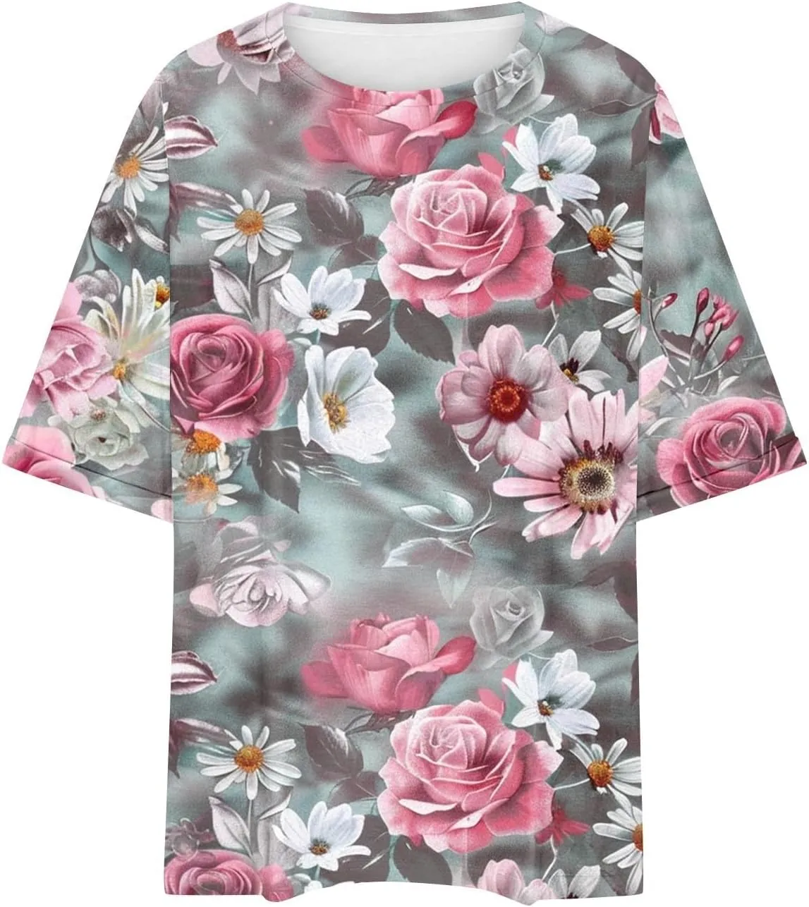 Tops for Women Trendy Summer Plus Size Crew Neck Short Sleeve Shirt Loose Fit Floral Graphic Tunic Tees Blouses