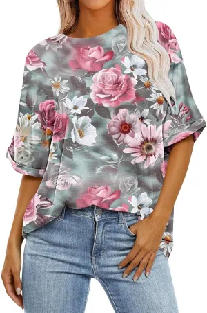 Tops for Women Trendy Summer Plus Size Crew Neck Short Sleeve Shirt Loose Fit Floral Graphic Tunic Tees Blouses
