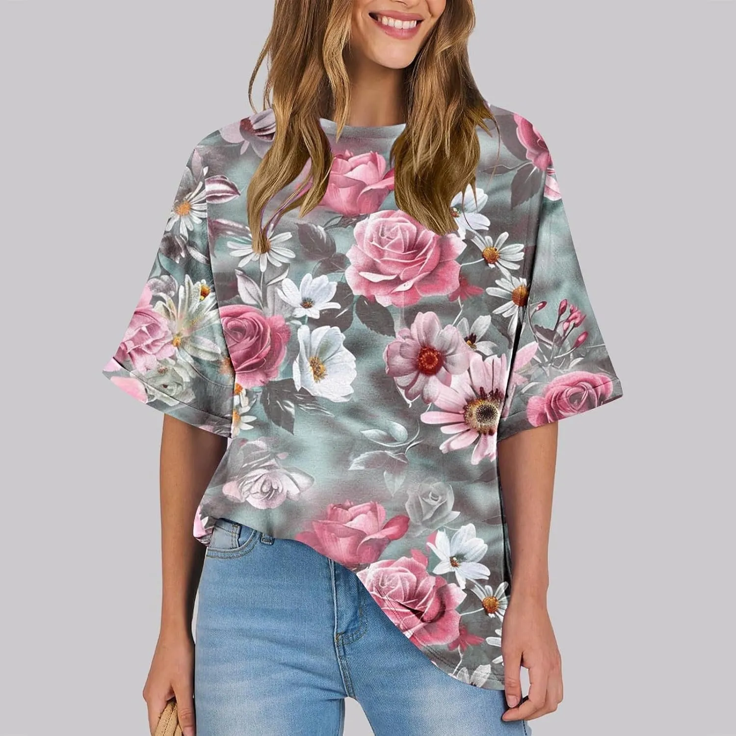 Tops for Women Trendy Summer Plus Size Crew Neck Short Sleeve Shirt Loose Fit Floral Graphic Tunic Tees Blouses