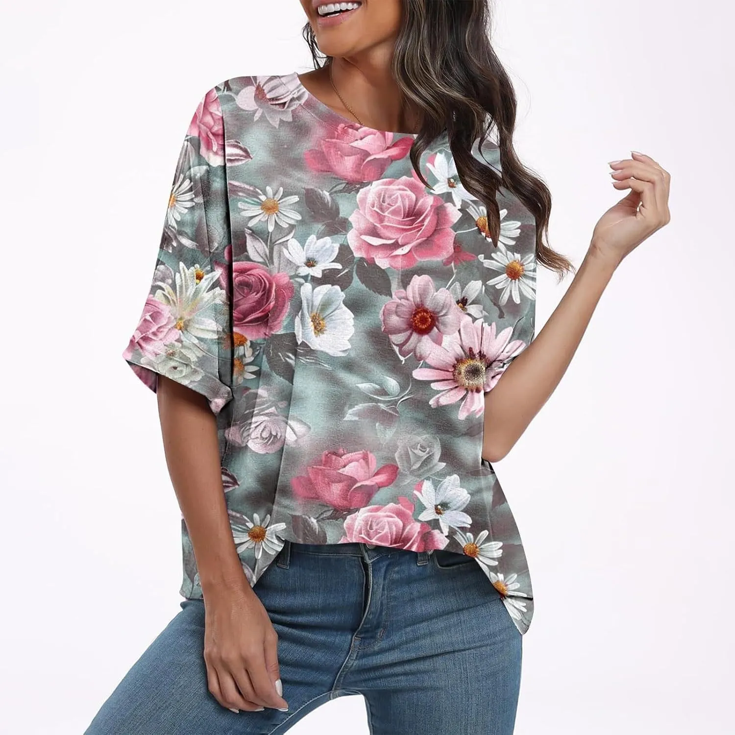 Tops for Women Trendy Summer Plus Size Crew Neck Short Sleeve Shirt Loose Fit Floral Graphic Tunic Tees Blouses