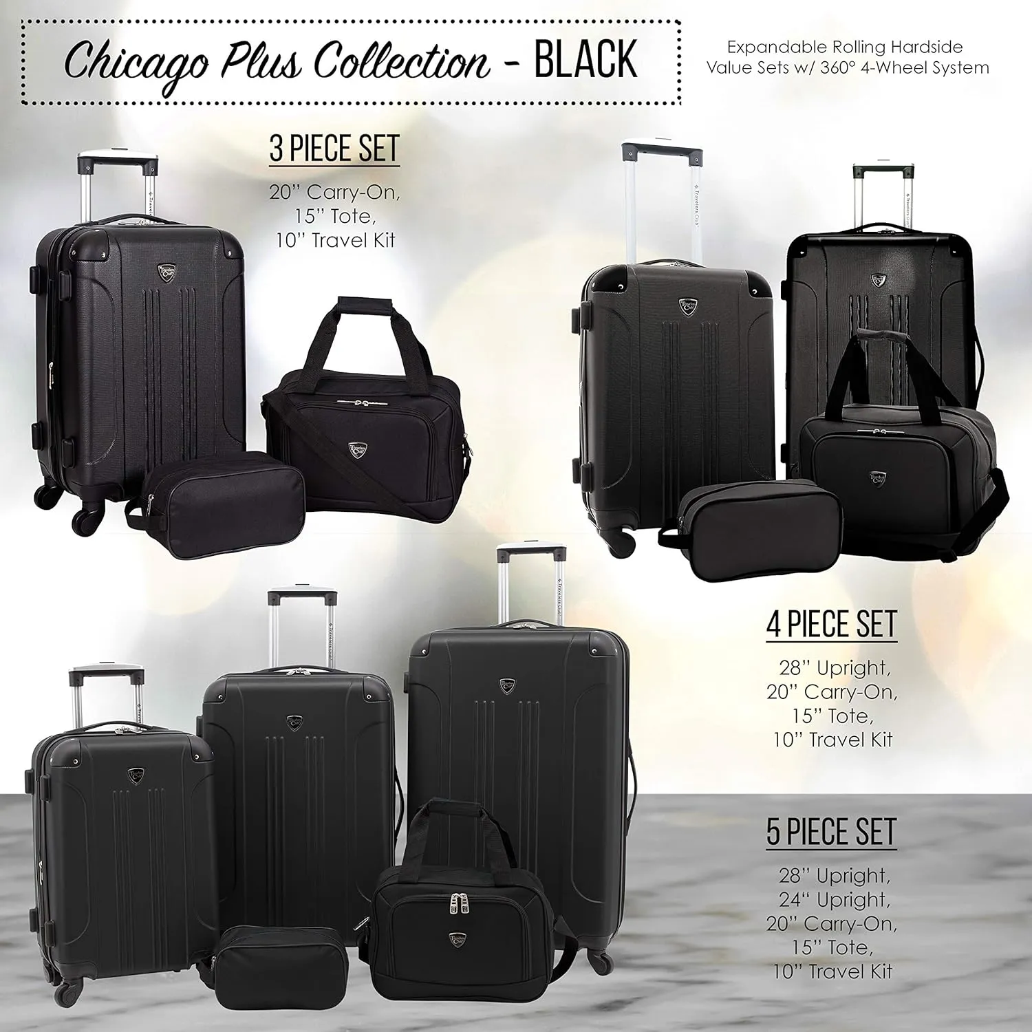 Travelers Club Chicago Hardside Expandable Spinner Luggage, Black, 3 Piece Set