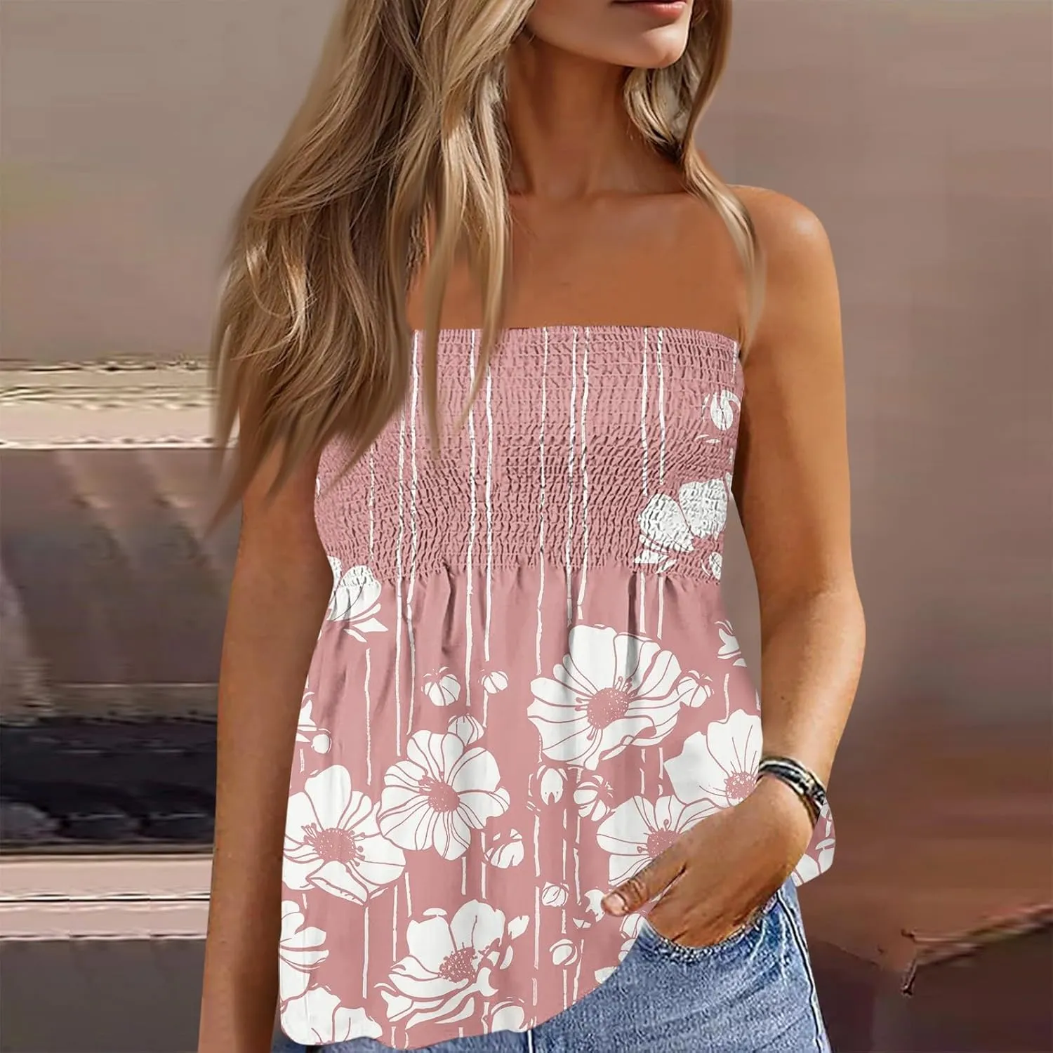 Tube Tops for Women Beach Off Shoulder Shirts Sleeveless Sexy Tops Strapless Bandeau Print Smocked Ruffled T-Shirt
