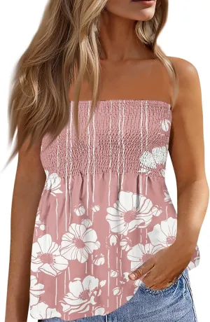 Tube Tops for Women Beach Off Shoulder Shirts Sleeveless Sexy Tops Strapless Bandeau Print Smocked Ruffled T-Shirt
