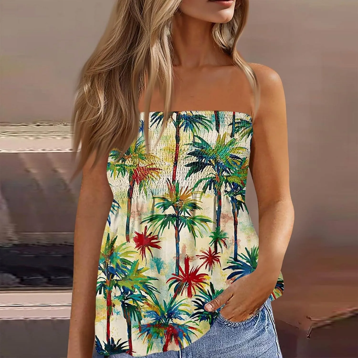 Tube Tops for Women Strapless Ruffled Sexy Tank Bandeau T Shirts Floral Graphic Sleeveless Vintage Backless Blouses