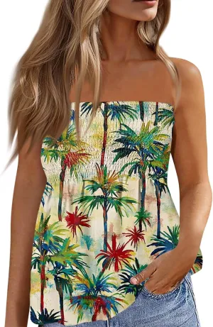 Tube Tops for Women Strapless Ruffled Sexy Tank Bandeau T Shirts Floral Graphic Sleeveless Vintage Backless Blouses