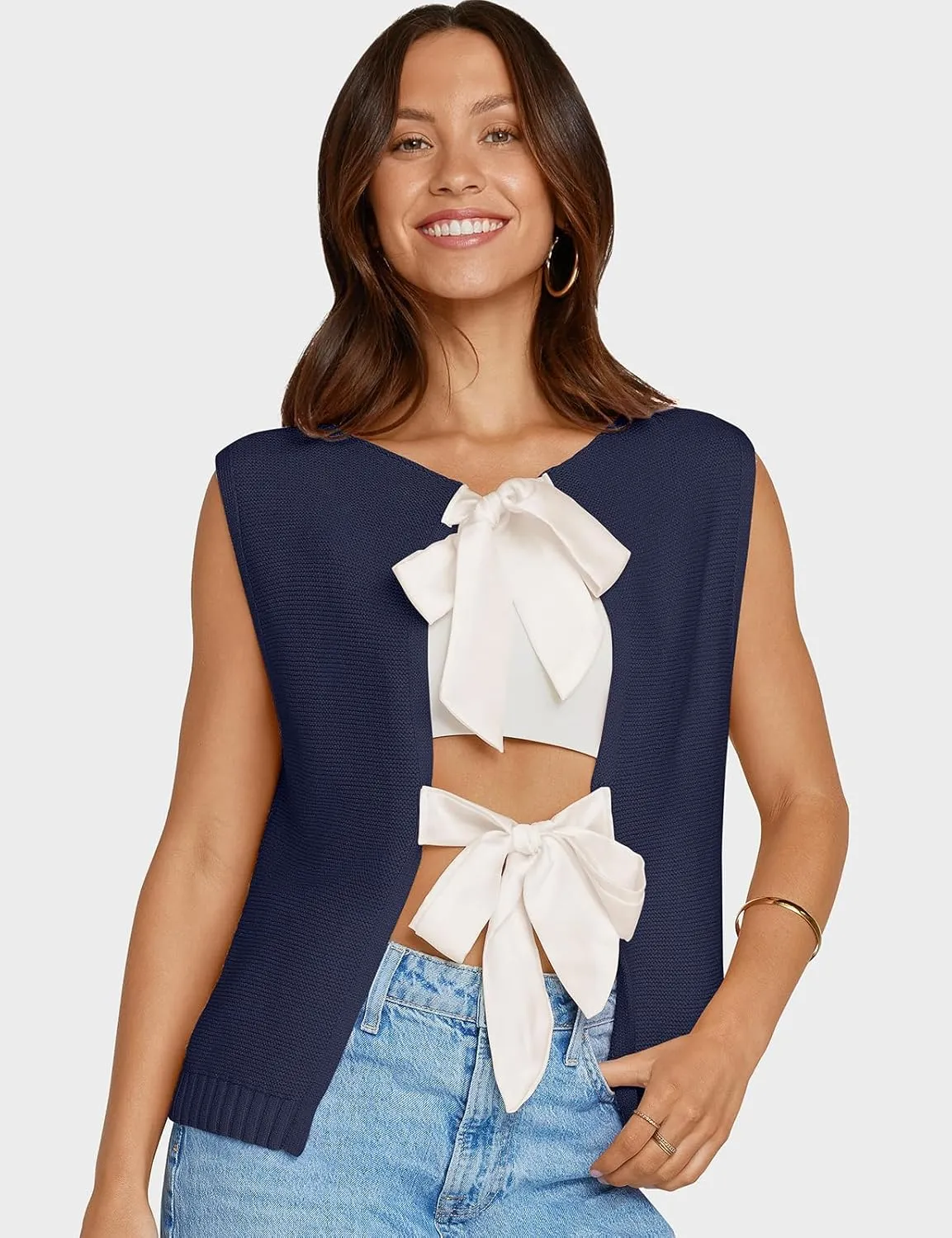 UEU Womens Sweater Vest Bow Tie Back Knitted Tank Tops Casual Crop Vest Tops 2025 Y2K Fashion Clothes