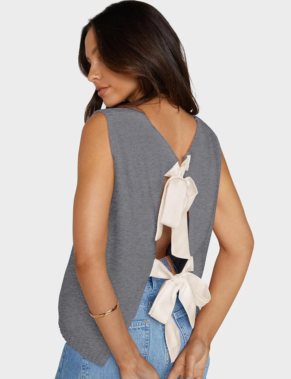 UEU Womens Sweater Vest Bow Tie Back Knitted Tank Tops Casual Crop Vest Tops 2025 Y2K Fashion Clothes