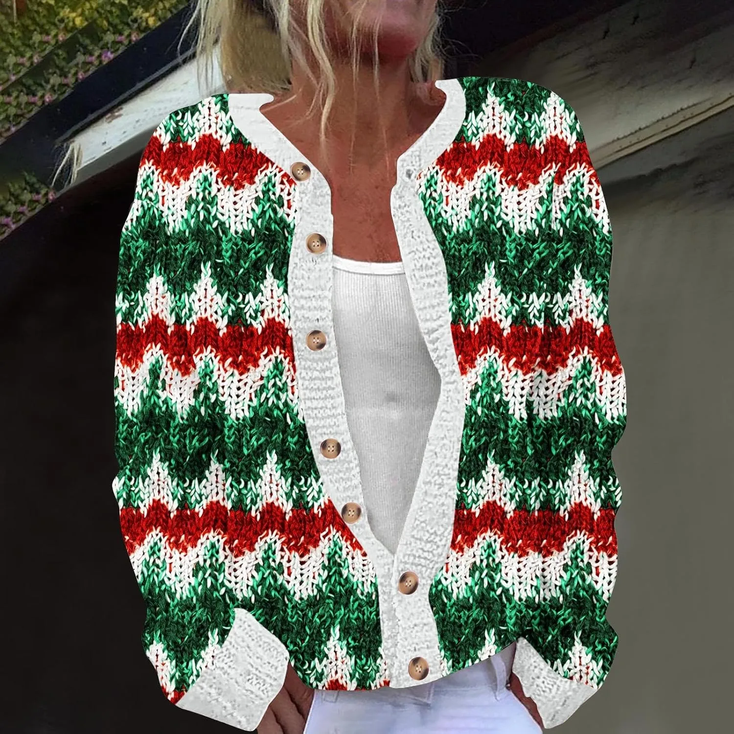Ugly Christmas Cardigan Sweater for Women Oversized Knit Open Front Tops Xmas Print Button Down Cardigan