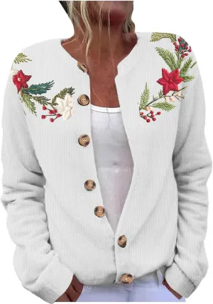Ugly Christmas Cardigan Sweater for Women Oversized Knit Open Front Tops Xmas Print Button Down Cardigan