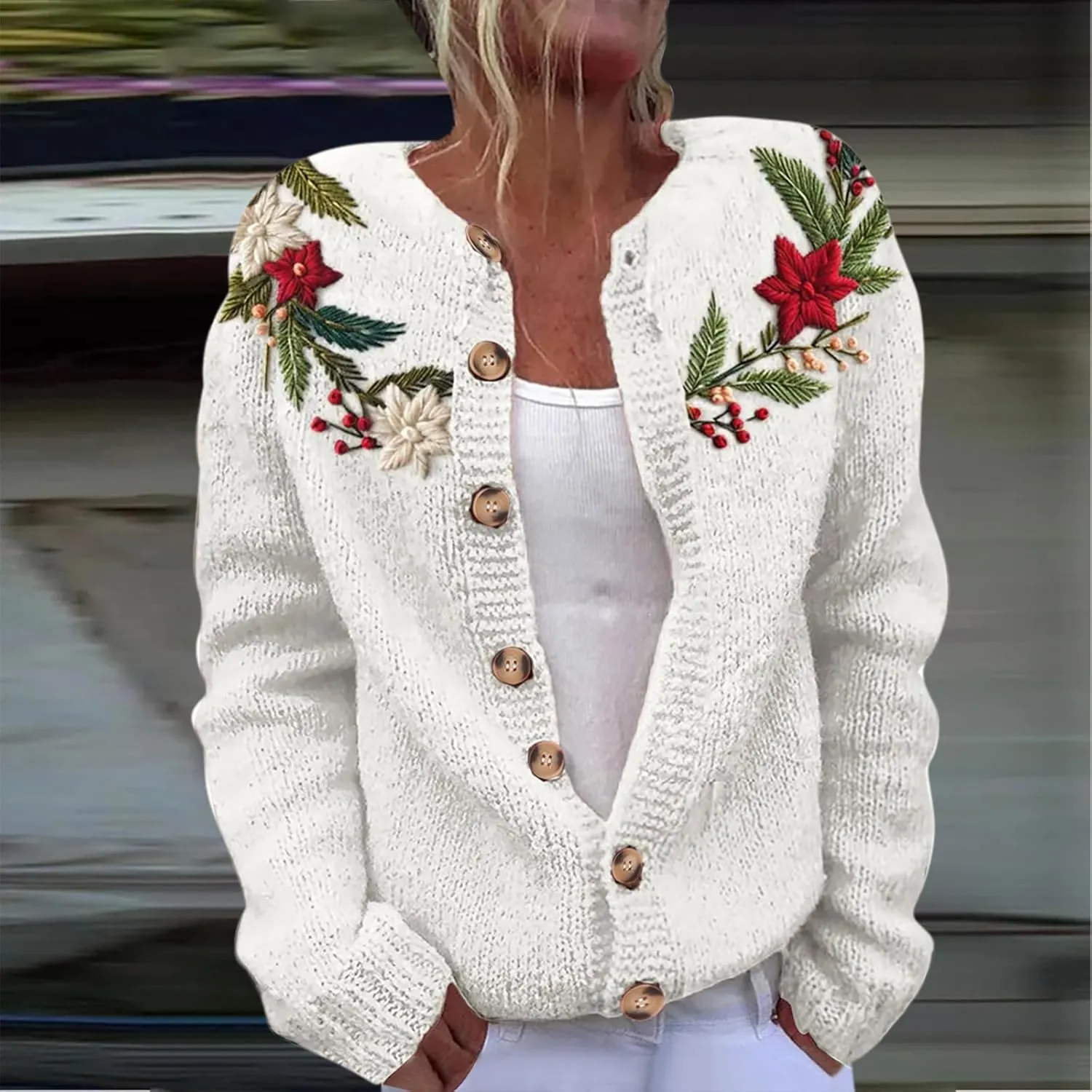 Ugly Christmas Cardigan Sweater for Women Oversized Knit Open Front Tops Xmas Print Button Down Cardigan