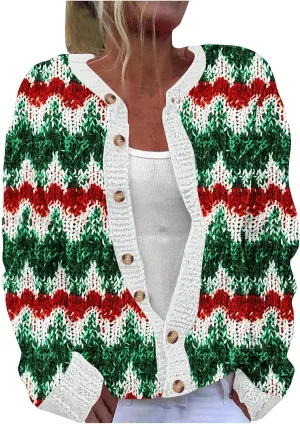Ugly Christmas Cardigan Sweater for Women Oversized Knit Open Front Tops Xmas Print Button Down Cardigan