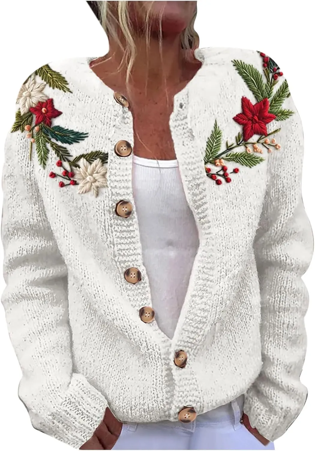 Ugly Christmas Cardigan Sweater for Women Oversized Knit Open Front Tops Xmas Print Button Down Cardigan