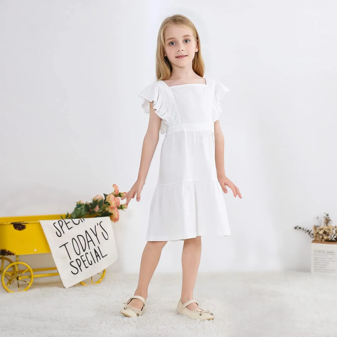 VASCHY Girls' Ruffle Dress Cut Open Back and Bow Detail for Special Occasions Swing Twirly Summer Dress Cotton