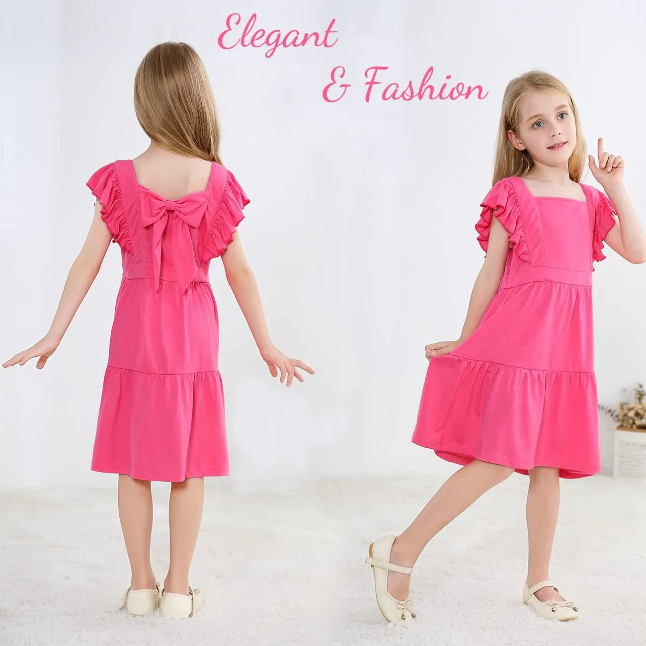 VASCHY Girls' Ruffle Dress Cut Open Back and Bow Detail for Special Occasions Swing Twirly Summer Dress Cotton