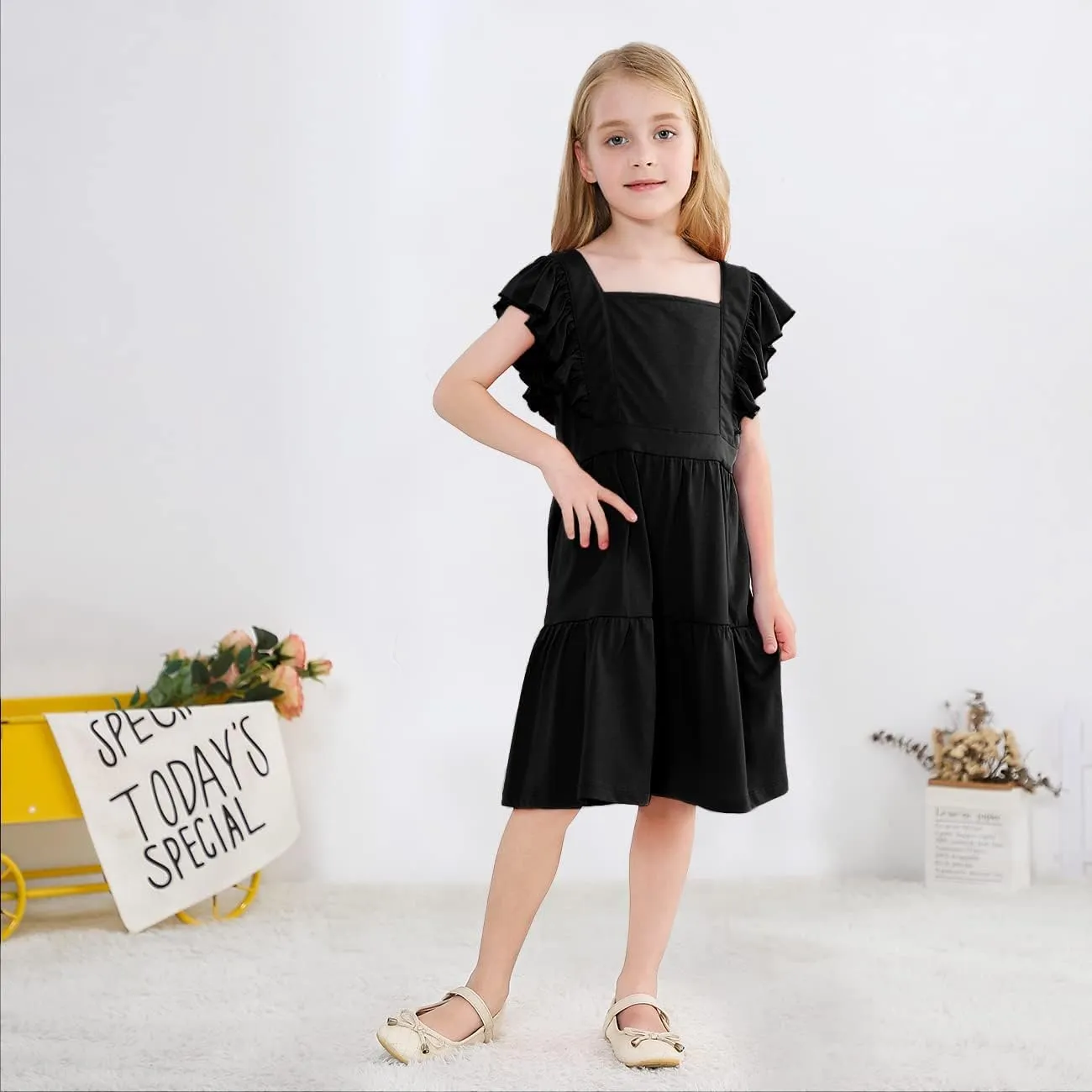 VASCHY Girls' Ruffle Dress Cut Open Back and Bow Detail for Special Occasions Swing Twirly Summer Dress Cotton