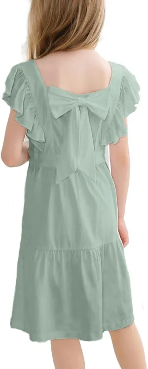 VASCHY Girls' Ruffle Dress Cut Open Back and Bow Detail for Special Occasions Swing Twirly Summer Dress Cotton