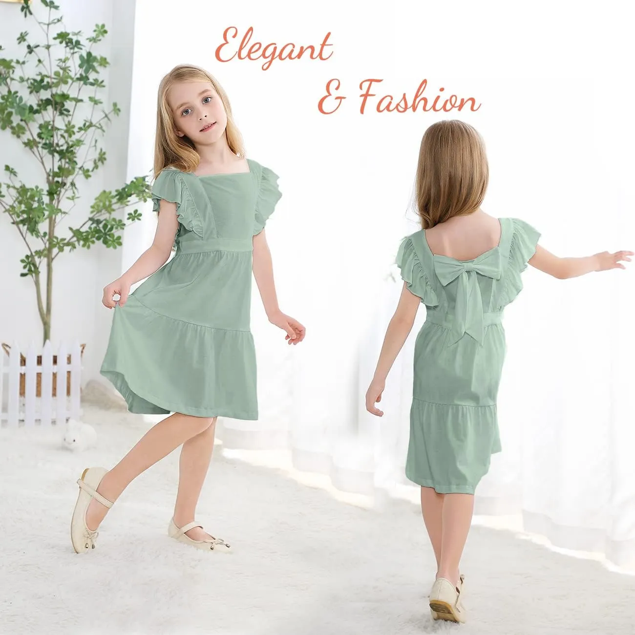 VASCHY Girls' Ruffle Dress Cut Open Back and Bow Detail for Special Occasions Swing Twirly Summer Dress Cotton