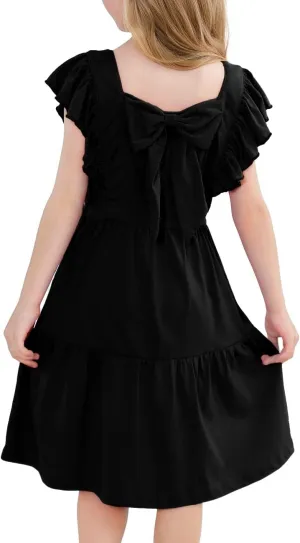 VASCHY Girls' Ruffle Dress Cut Open Back and Bow Detail for Special Occasions Swing Twirly Summer Dress Cotton
