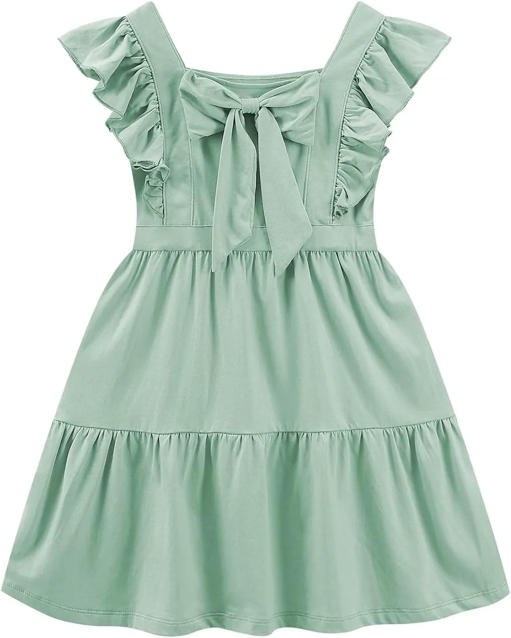 VASCHY Girls' Ruffle Dress Cut Open Back and Bow Detail for Special Occasions Swing Twirly Summer Dress Cotton