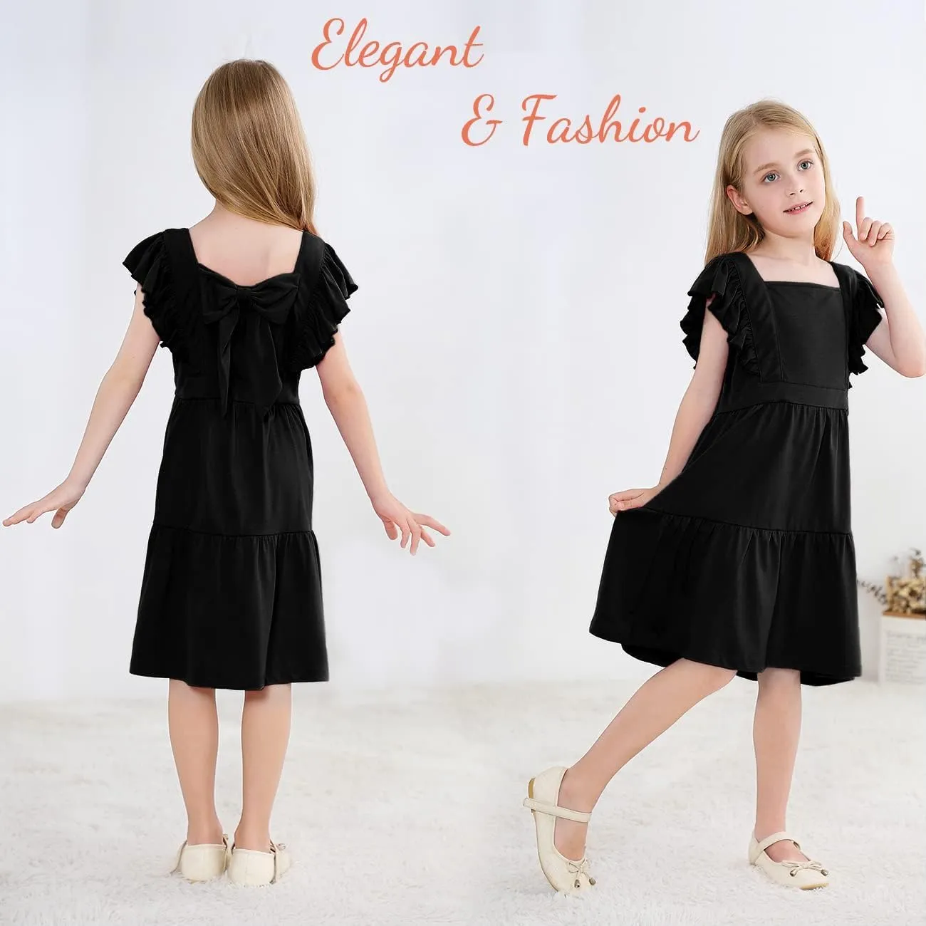 VASCHY Girls' Ruffle Dress Cut Open Back and Bow Detail for Special Occasions Swing Twirly Summer Dress Cotton
