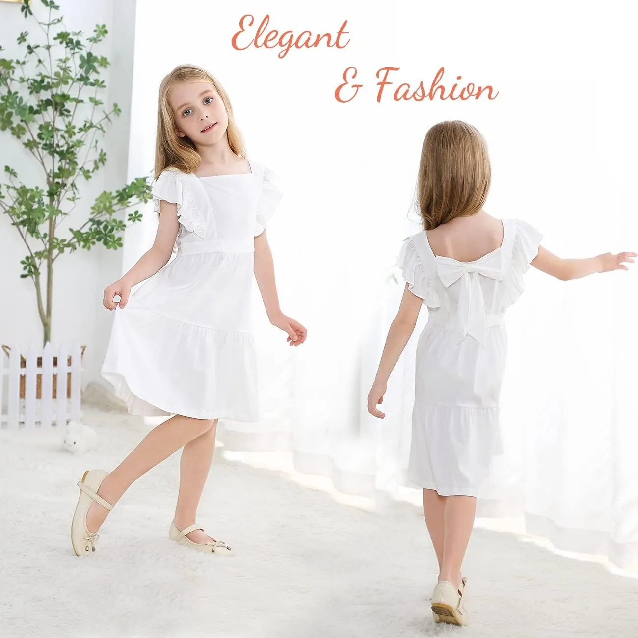 VASCHY Girls' Ruffle Dress Cut Open Back and Bow Detail for Special Occasions Swing Twirly Summer Dress Cotton