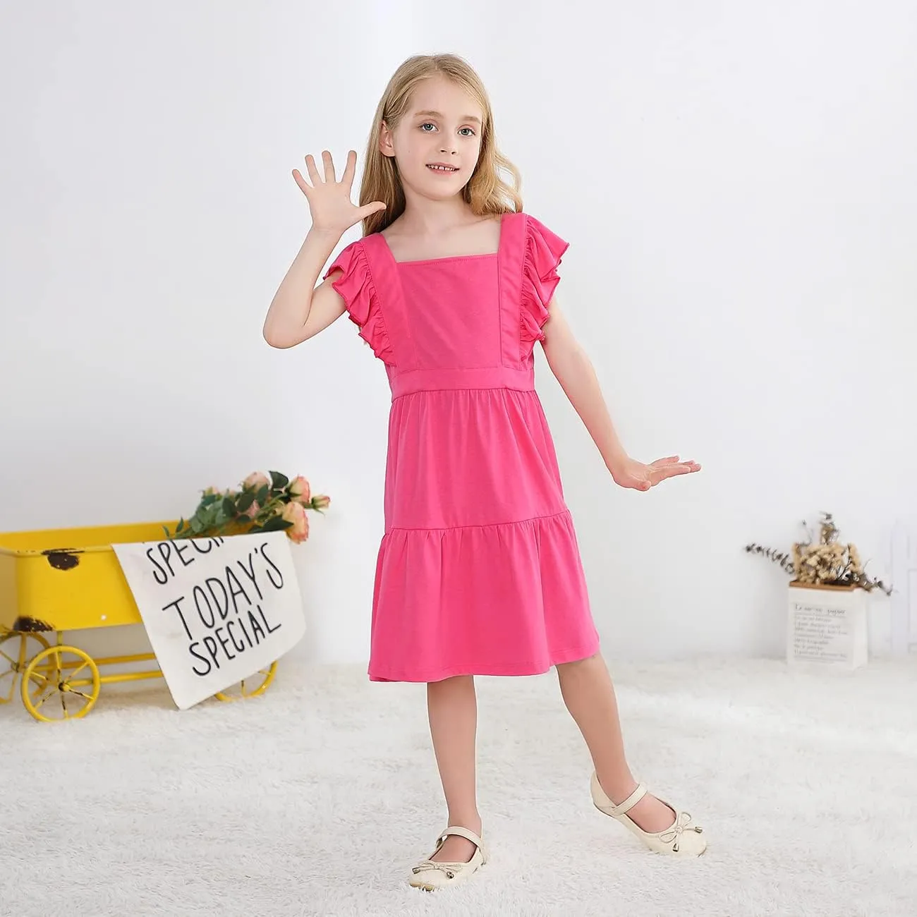 VASCHY Girls' Ruffle Dress Cut Open Back and Bow Detail for Special Occasions Swing Twirly Summer Dress Cotton