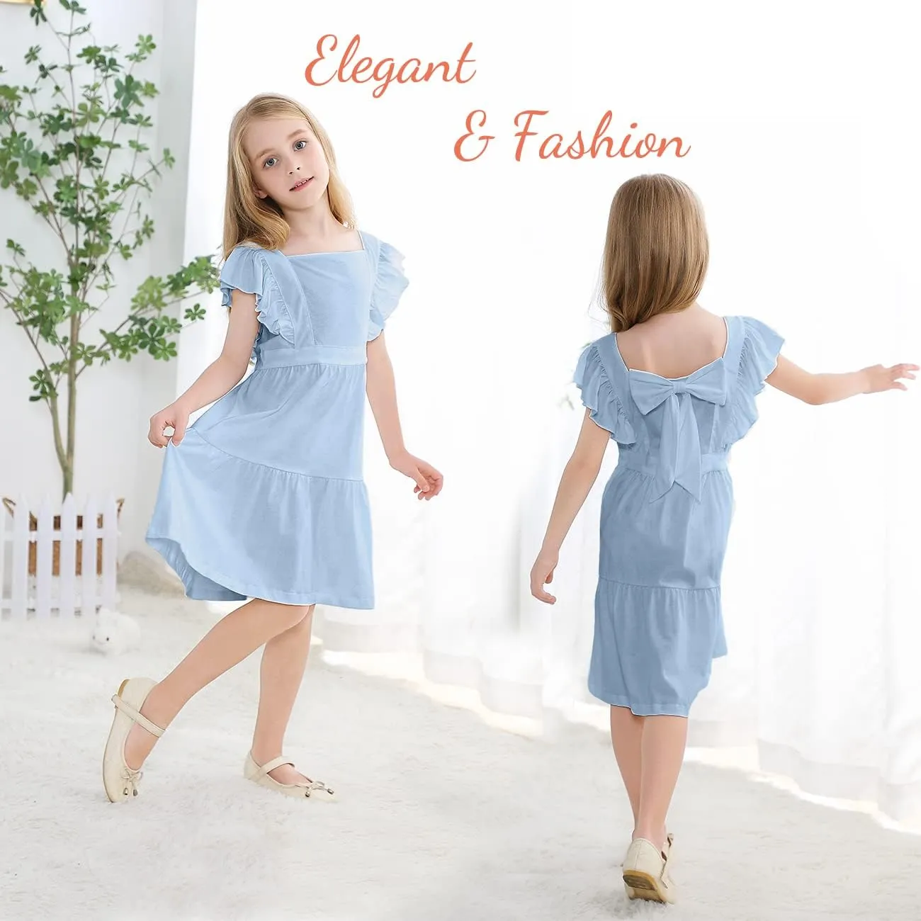 VASCHY Girls' Ruffle Dress Cut Open Back and Bow Detail for Special Occasions Swing Twirly Summer Dress Cotton