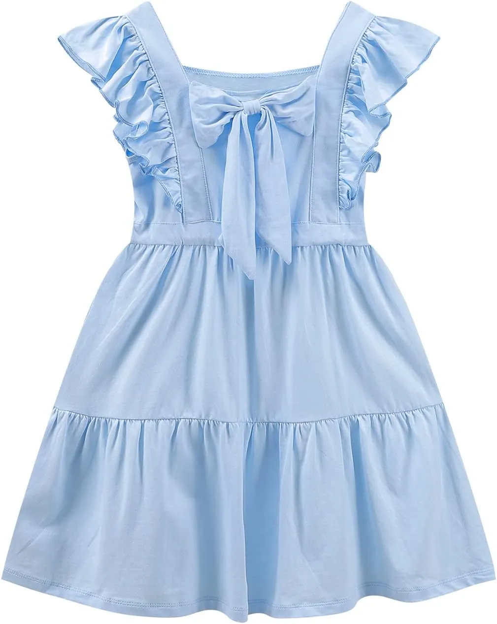 VASCHY Girls' Ruffle Dress Cut Open Back and Bow Detail for Special Occasions Swing Twirly Summer Dress Cotton